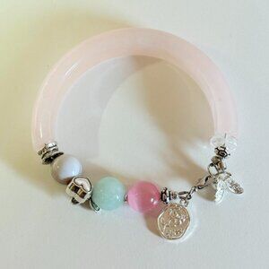 Spring Scent – Solid Rose Quartz Bangle Bracelet with Natural Crystal Beads